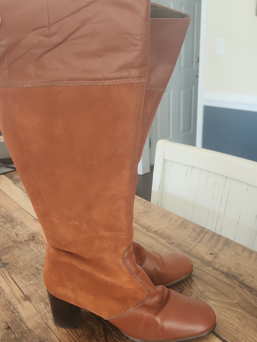 Vintage Two-Tone Cognac Leather & Suede Mid-Calf Boots Sz 9